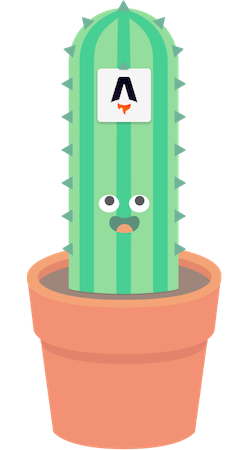 A cartoon cactus looking at the Astro.build logo